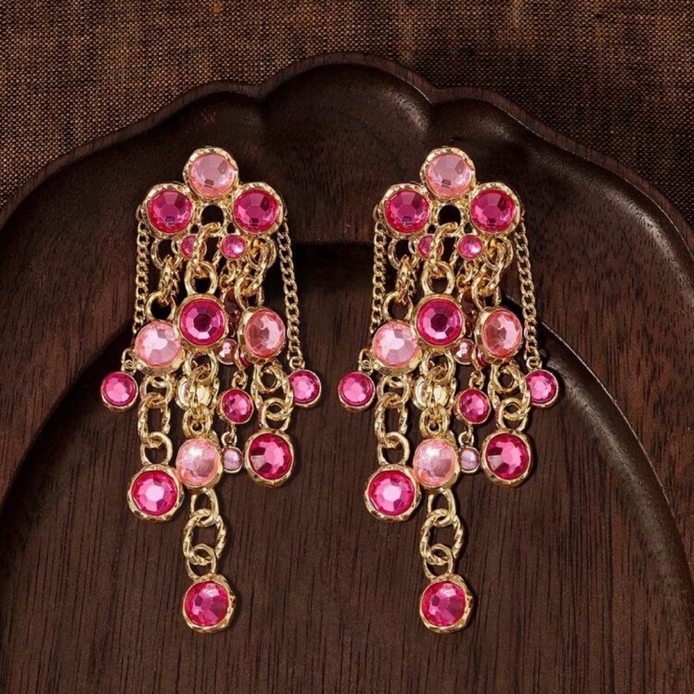 Elegant Gold and Pink Chandelier Earrings